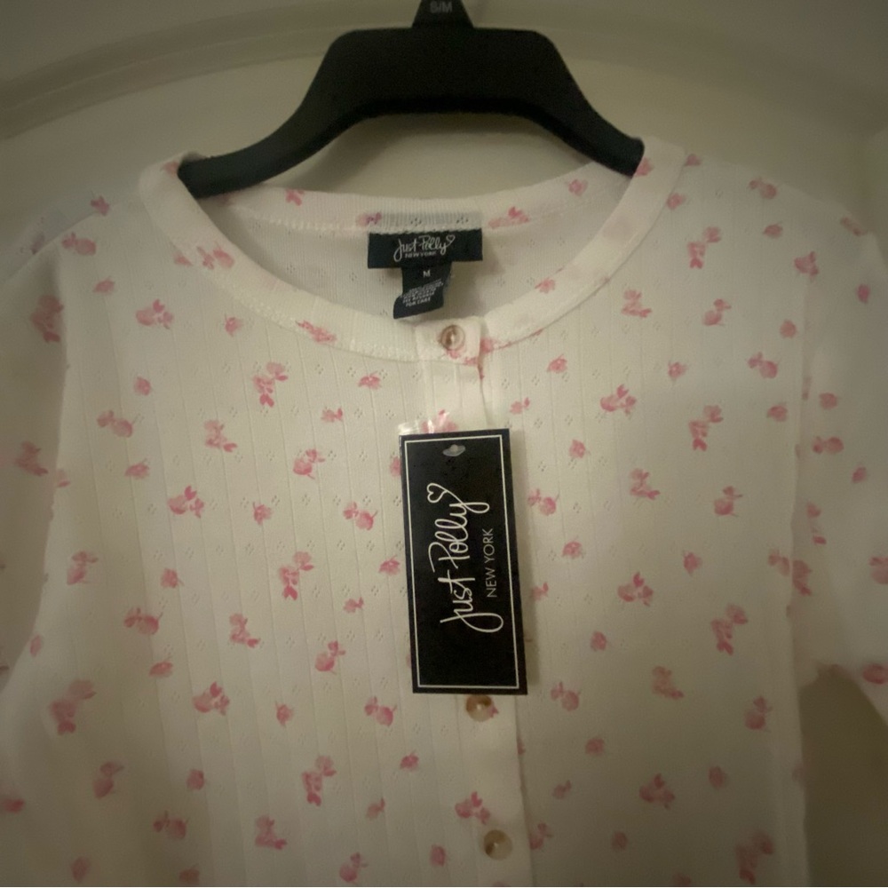Just Polly New York White W Pink Flowers Button Down Sweater Size M Fits Small